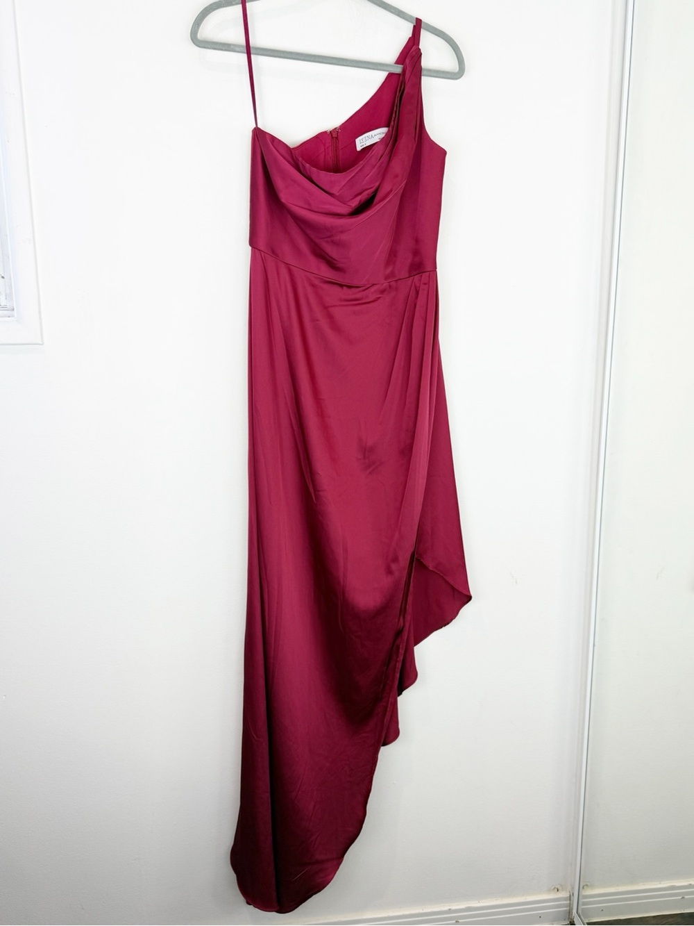 Ieena for Mac Duggal Dress 8 Burgundy One Shoulder Cowl Asymmetrical Maxi Gown